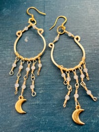 Image 1 of crescent moons and labradorite gold hoop earrings