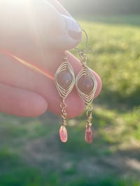 Image 1 of Gold wire wrapped sun stone and tourmaline dangle earrings