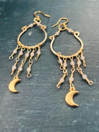 Image 2 of crescent moons and labradorite gold hoop earrings