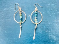 Image 1 of hammered gold wire hoops with multi-colored jasper stones dangle earrings