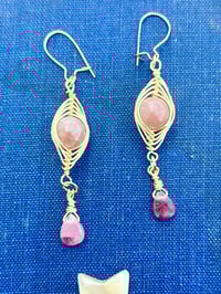 Image 2 of Gold wire wrapped sun stone and tourmaline dangle earrings