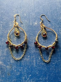 Image 5 of garnet and gold dangle hoop earrings
