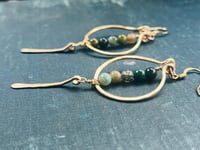 Image 3 of hammered gold wire hoops with multi-colored jasper stones dangle earrings