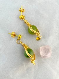 Image 3 of Wire wrapped jade gold dangle earrings