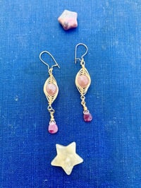 Image 4 of Gold wire wrapped sun stone and tourmaline dangle earrings