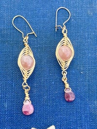 Image 6 of Gold wire wrapped sun stone and tourmaline dangle earrings
