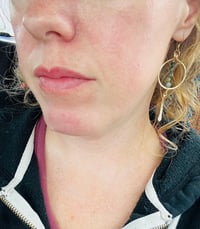 Image 7 of hammered gold wire hoops with multi-colored jasper stones dangle earrings