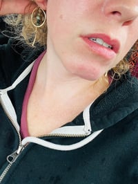 Image 8 of hammered gold wire hoops with multi-colored jasper stones dangle earrings