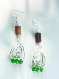 Image 1 of spiral triangle dangle earrings with jasper and chrysophase stones
