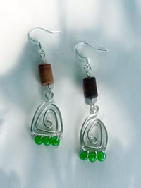 Image 3 of spiral triangle dangle earrings with jasper and chrysophase stones