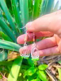 Image 4 of spiral triangle dangle earrings with jasper and chrysophase stones