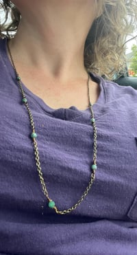 Image 5 of Long emerald necklace with antique brass toned chain