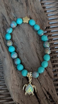 Image 2 of Handcrafted on Cape Cod | Czech Glass Matte Turquoise Fire Polished Charm Bracelet | 8mm Gemstones