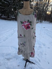 Image 4 of Upcycled Linen Crossover Apron- Posies on Natural Flax