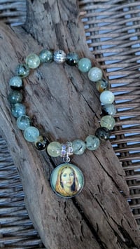 Image 3 of Handcrafted on Cape Cod | Green Tourmalinated Quartz St. Dymphna Charm Bracelet | 8mm Gemstones