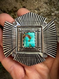 Image 3 of WL&A Handmade Heavy Ingot High Grade Royston Turquoise Sunrise Belt Buckle - 3in x 3in - 187 grams