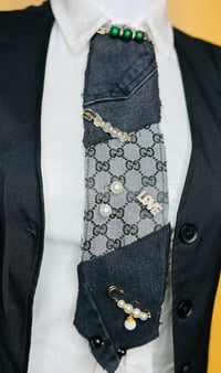 Image 1 of Handmade Gucci Women’s Necktie – Black & Light Gray, Rugged Edges with Accent Pieces