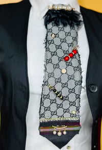 Image 2 of Handmade Gucci Women’s Ruffle Necktie – Black & Light Gray, Rugged Edges with Accent Pieces