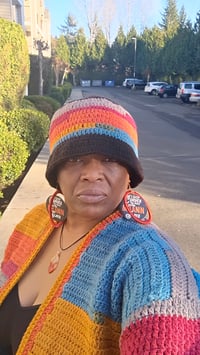 Image 2 of Oversized Crochet Cardigan – Ankh & Eye of Horus Tapestry | Caron Big Cakes “Toffee Brickle”