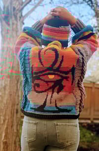 Image 1 of Oversized Crochet Cardigan – Ankh & Eye of Horus Tapestry | Caron Big Cakes “Toffee Brickle”