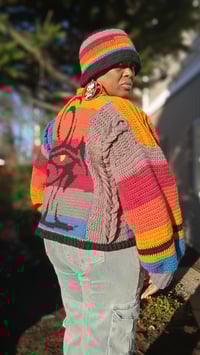 Image 6 of Oversized Crochet Cardigan – Ankh & Eye of Horus Tapestry | Caron Big Cakes “Toffee Brickle”