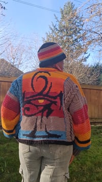Image 8 of Oversized Crochet Cardigan – Ankh & Eye of Horus Tapestry | Caron Big Cakes “Toffee Brickle”