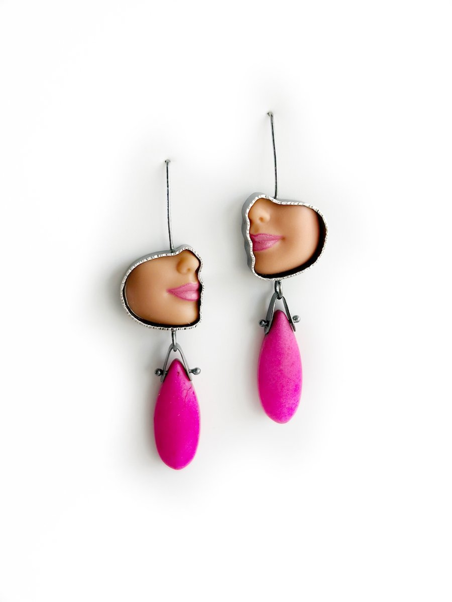 Image of Profile Smile Earrings - Pink Howlite Drops