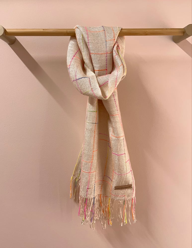 Image of Ecru with rainbow Silk/Seaweed Linear Scarf