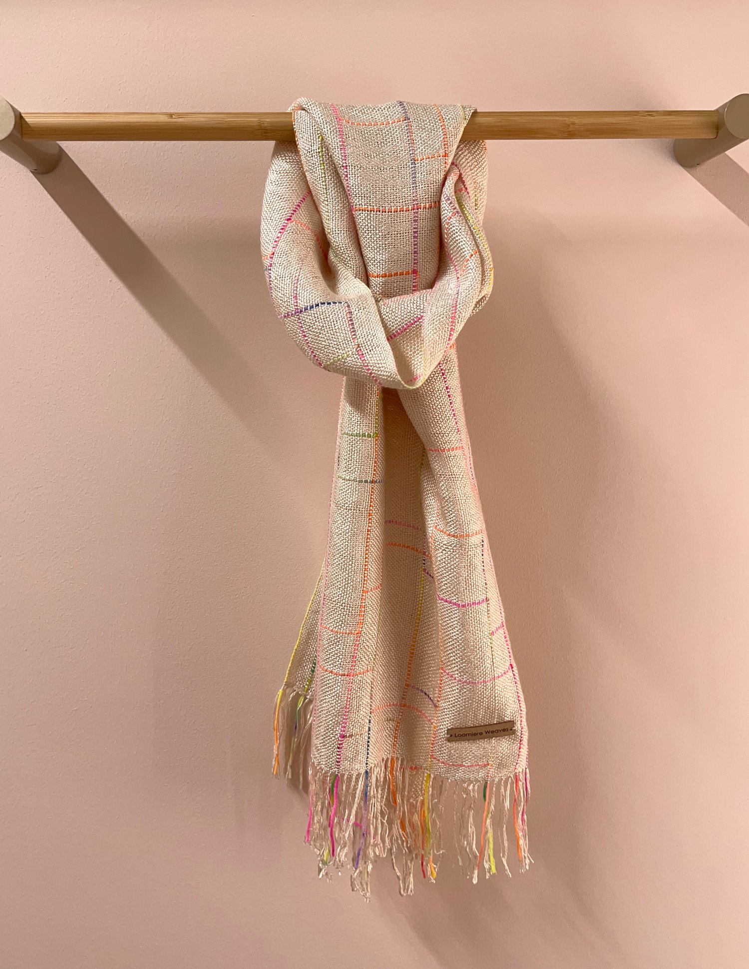 Image of Ecru with rainbow Silk/Seaweed Linear Scarf