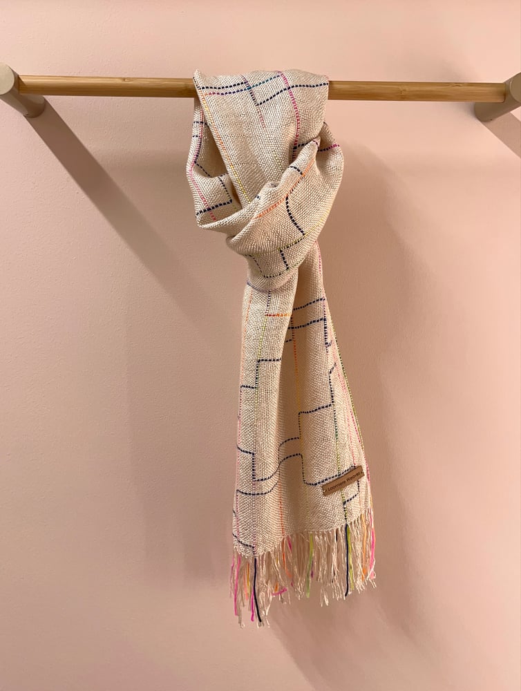 Image of Ecru with rainbow & navy Silk/Seaweed Linear Scarf