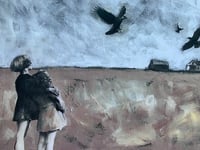 the crows with vintage children  rural landscape quality art print