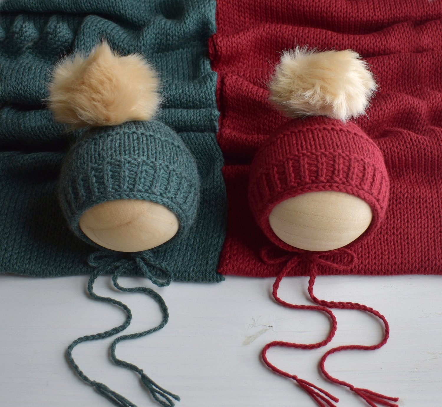 Image of Newborn Faux Fur Pom Pom Bonnets & Wraps-SOLD SEPARATELY