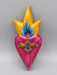 Image 1 of Little Flaming Heart- Rose or Purple-carved wood, vintage escutcheon