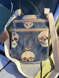 Image 4 of Retro Skull and Bird Organic Two Zip Crossbody Bag or Cork Wristlet 
