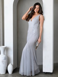Gray Mesh Overlay Long Dress