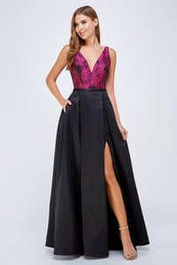 Rhinestone Floral Pocket Slit Long  Dress