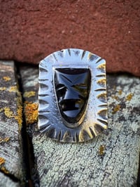 Image 2 of WL&A Handmade Heavy Signet Carved Obsidian Ancestor Mask Rings - Size 9 