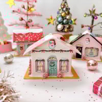 Image 1 of Pink roof Christmas cottage ornament 