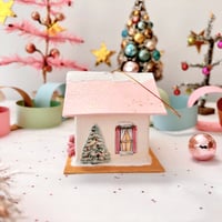 Image 4 of Pink roof Christmas cottage ornament 