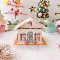 Image 3 of Pink roof Christmas cottage ornament 