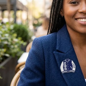 Image of Varsity Jacket Blue and White Brooch Pin
