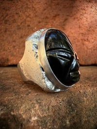 Image 2 of WL&A Handmade Heavy Signet Carved Obsidian Ancestor Mask Ring - Size 12