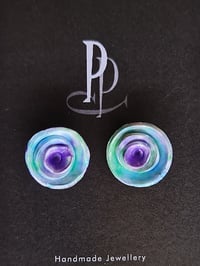 Image 1 of Stud Earrings - Blue, Green and  Purple Roses   (PCE041)
