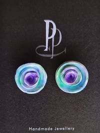 Image 2 of Stud Earrings - Blue, Green and  Purple Roses   (PCE041)