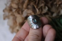 Image 3 of Anello con vera foglia di rovo in rame con labradorite e patina celeste, taglia 17