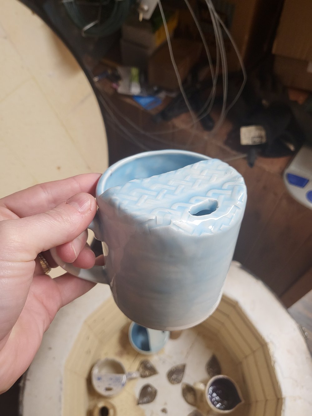 Pale blue travel mugs