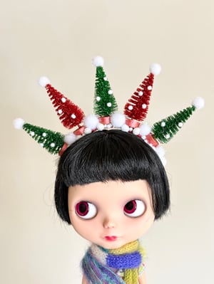 Image of Christmas Trees Tiara Headband in Red and Green for Blythe Dolls 