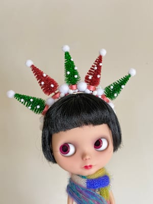 Image of Christmas Trees Tiara Headband in Red and Green for Blythe Dolls 