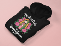 Image 1 of Cartoon Virgen De Guadalupe Full Color Hoodie Desde el Cielo Hermosa Mañana Black Hooded Sweatshirt