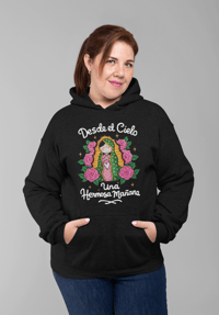 Image 2 of Cartoon Virgen De Guadalupe Full Color Hoodie Desde el Cielo Hermosa Mañana Black Hooded Sweatshirt